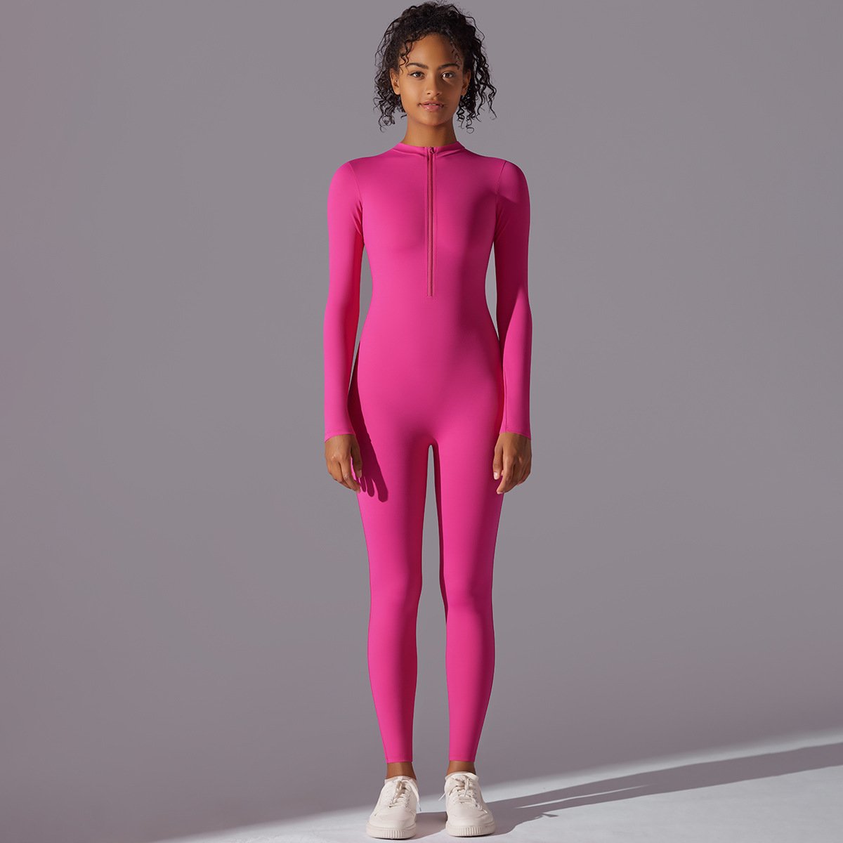 High Elastic Half-Open Zipper Long Jumpsuit Sports Running Fitness Long Sleeve Yoga Wear for Women