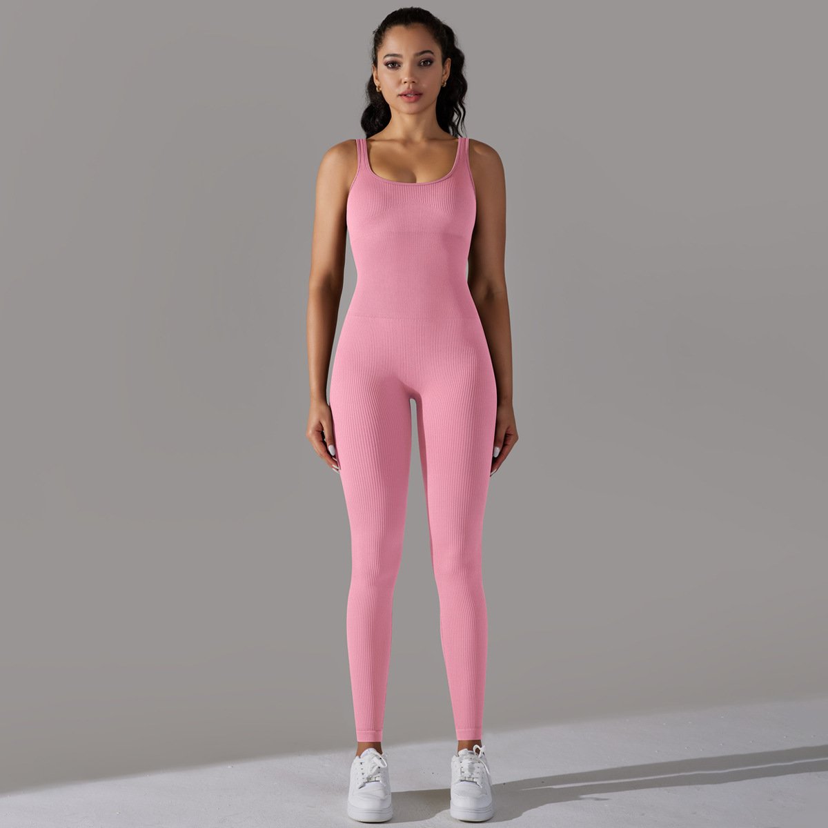 Sewn Knit Thread Solid Color Skinny Bodysuit Exercise Running Fitness Yoga One-Piece Suit for Women