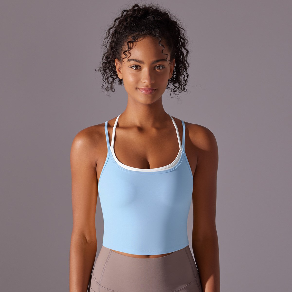 Solid Color Beauty Back Double Layer Crossover Reversible Nylon Sports Underwear Yoga Running Fitness Tops for Women