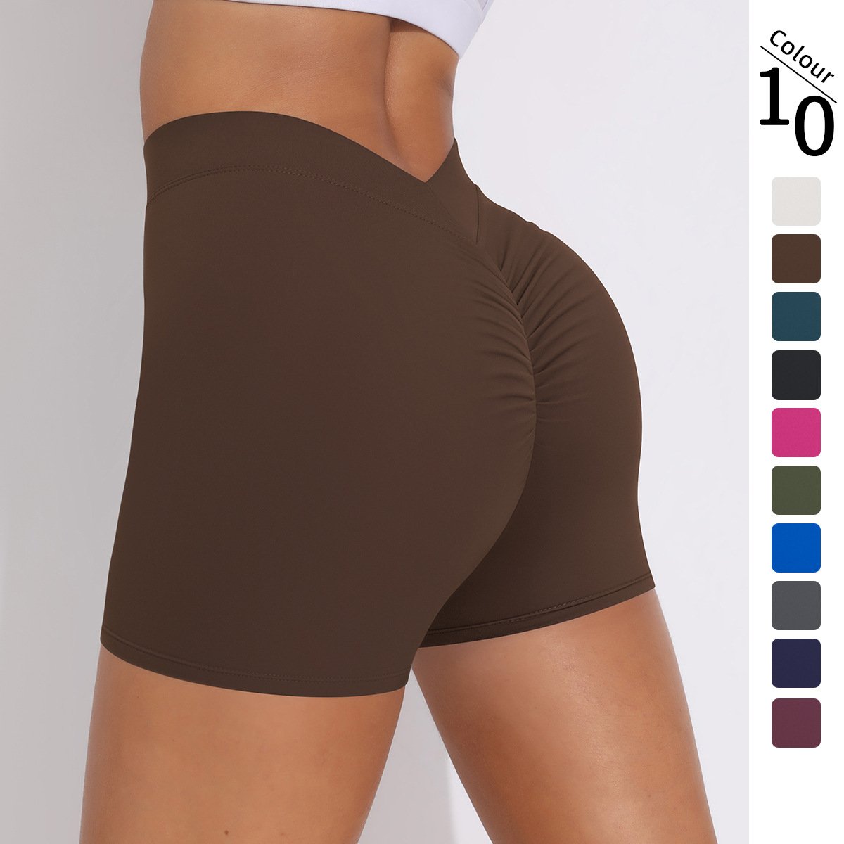 V-Waist Pleated Solid Color Peach Buttocks Yoga Shorts Running Fitness Tight Three-Quarter Pants for Women
