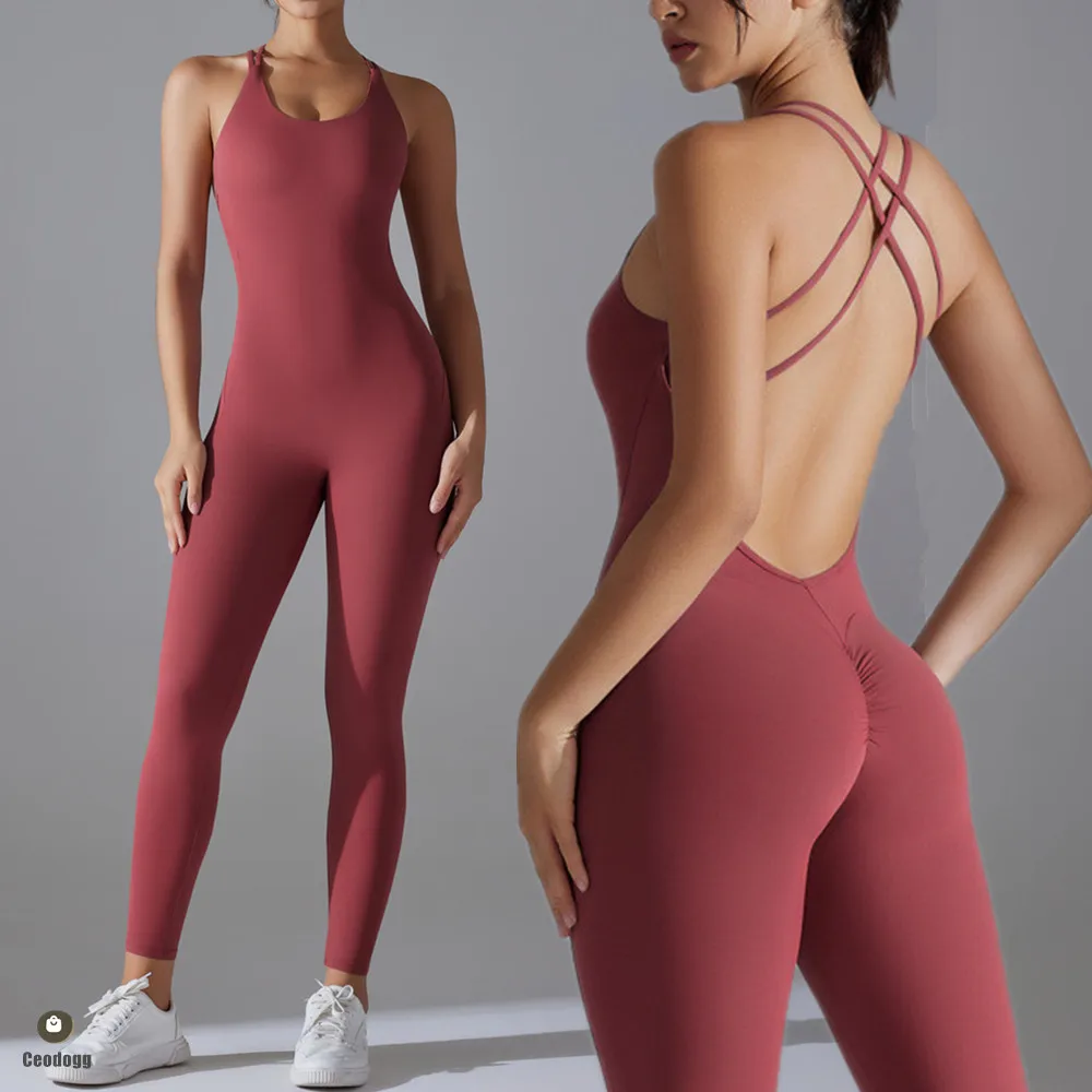 Plus Size Back V Bodysuit Yoga Set Scrunch Legging Gym Romper for Women